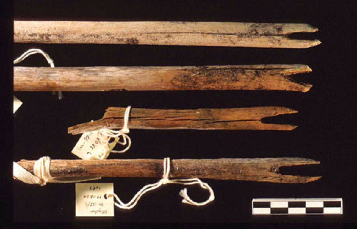 Large-diameter dart shafts recovered from Yukon. Each black or white rectangle in the pictured scaling bars is 1 centimeter long. (Government of Yukon)