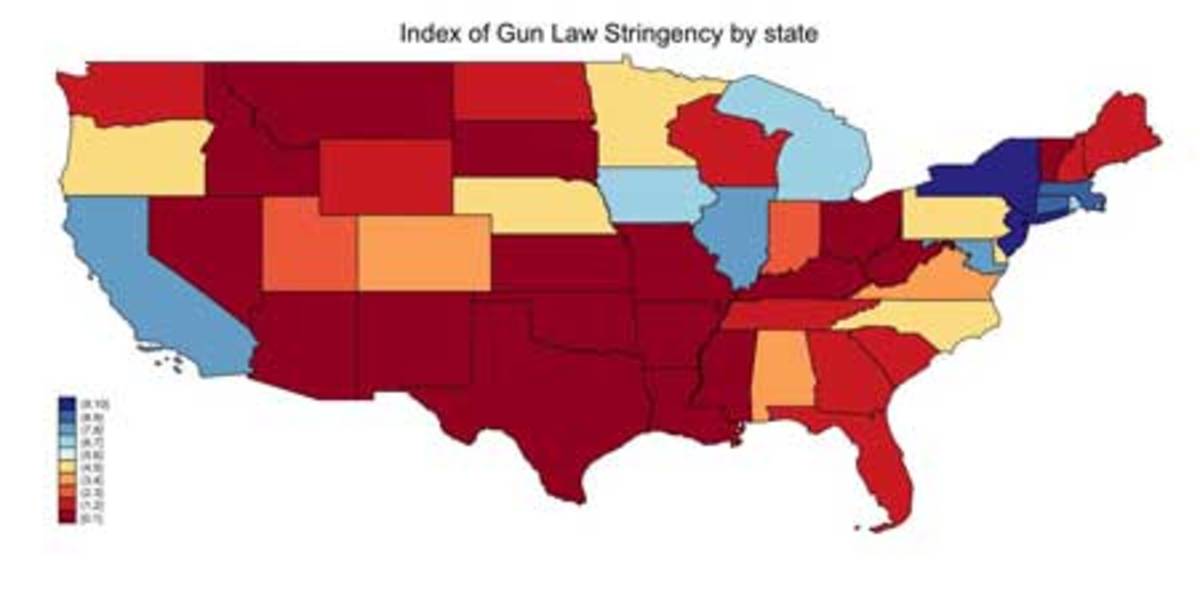 CLICK TO ENLARGETraffic flow: Traffickers tend to move illegal guns from states with weaker gun laws (red-hued) into states with stricter gun laws (blue-shaded). (Mayors Against Illegal Guns, 2010).