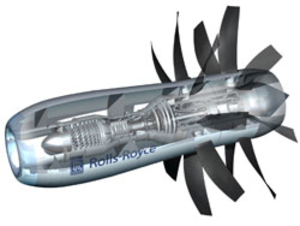 CLICK TO ENLARGE An artist's rendering of a Rolls-Royce open-rotor engine. (Rolls-Royce)