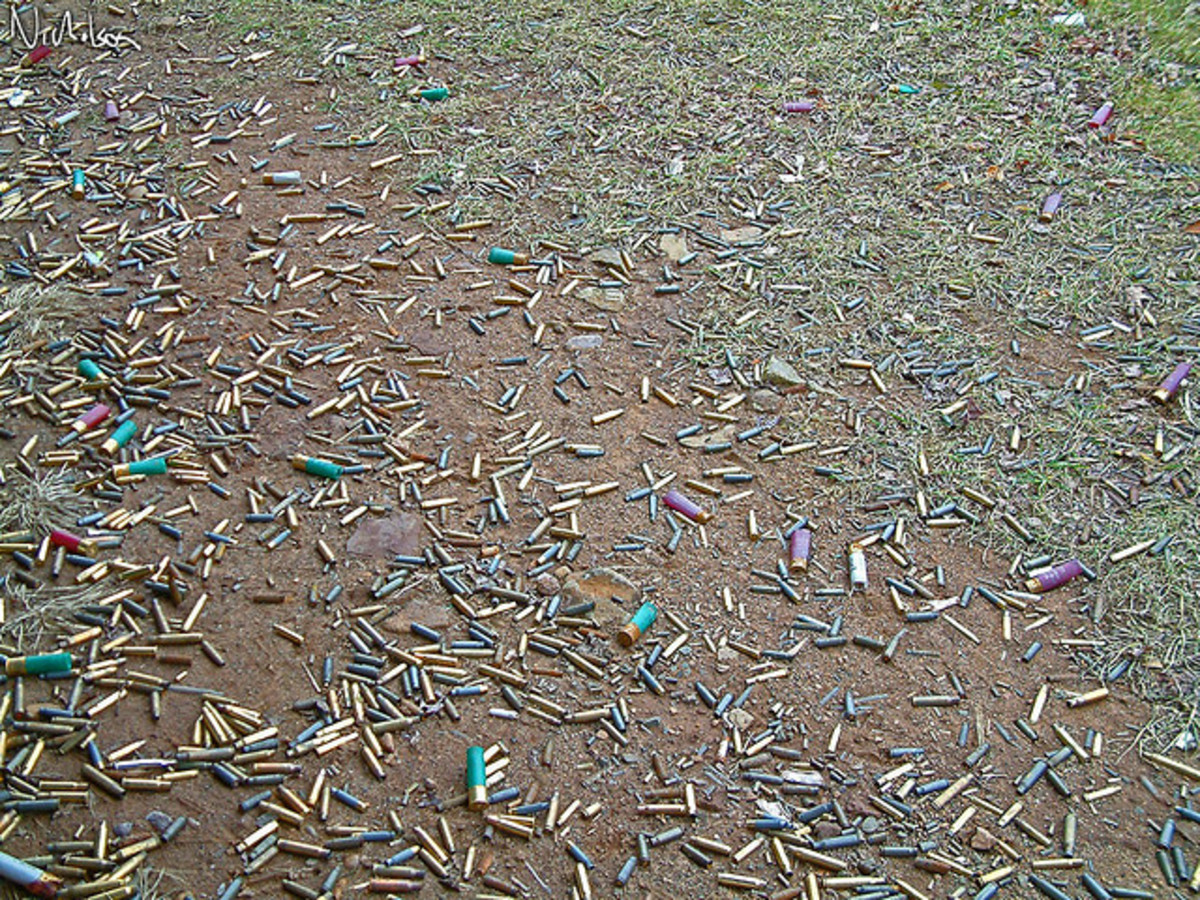 Shell casings left at a firing range. The lead in bullets comes from the tips of these casings or the pellets contained in the shotgun shells. (PHOTO: AYTON/FLICKR)