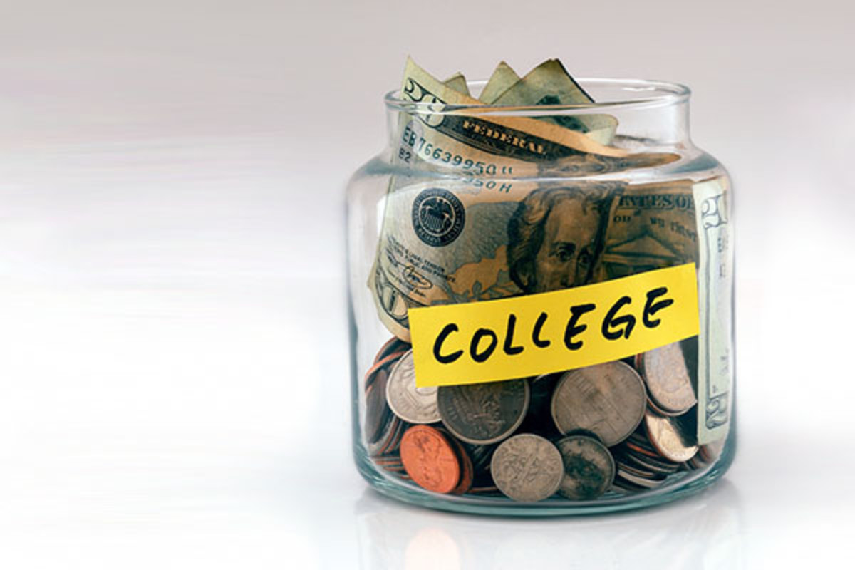 College fund, student loan debt, money in a jar