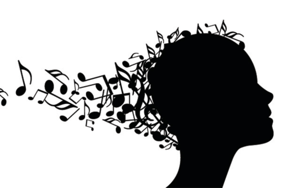 An image of music notes and a silhouette of a person's head