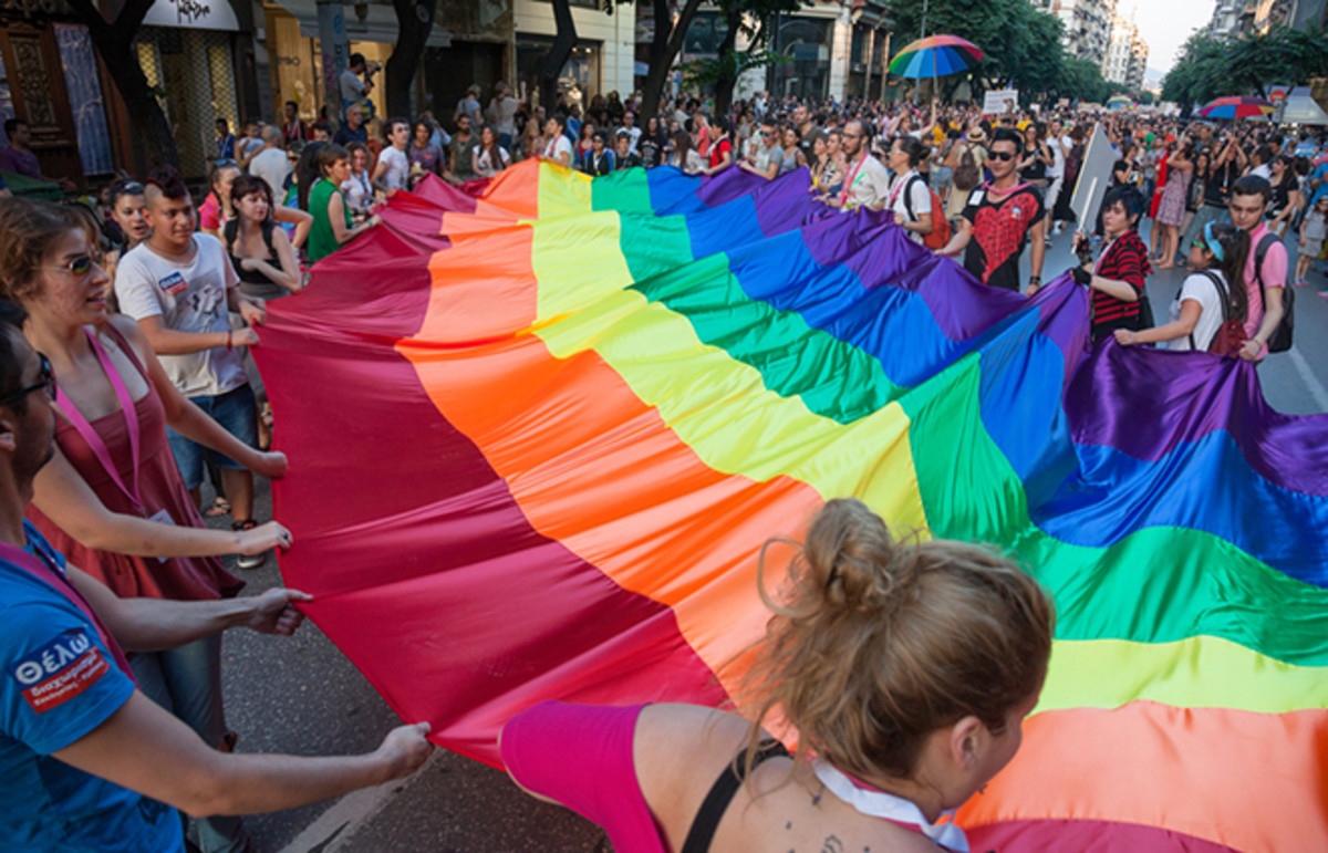 Unidentified participants taking part to the second gay pride march through the city of Thessaloniki on June 15, 2013 in Thessaloniki, Greece. (Photo: Portokalis/Shutterstock)