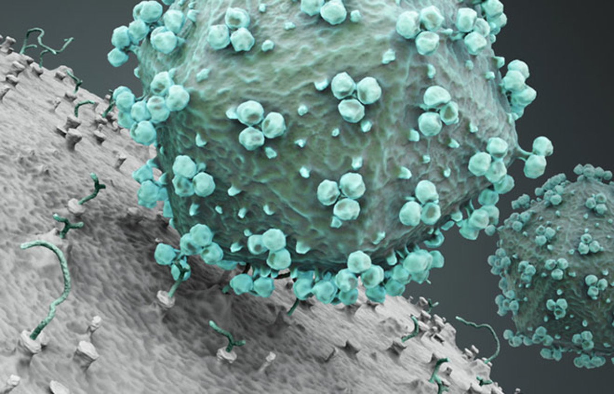 3-D rendering of the HIV virus attacking a cell. (Photo: martynowi.cz/Shutterstock)