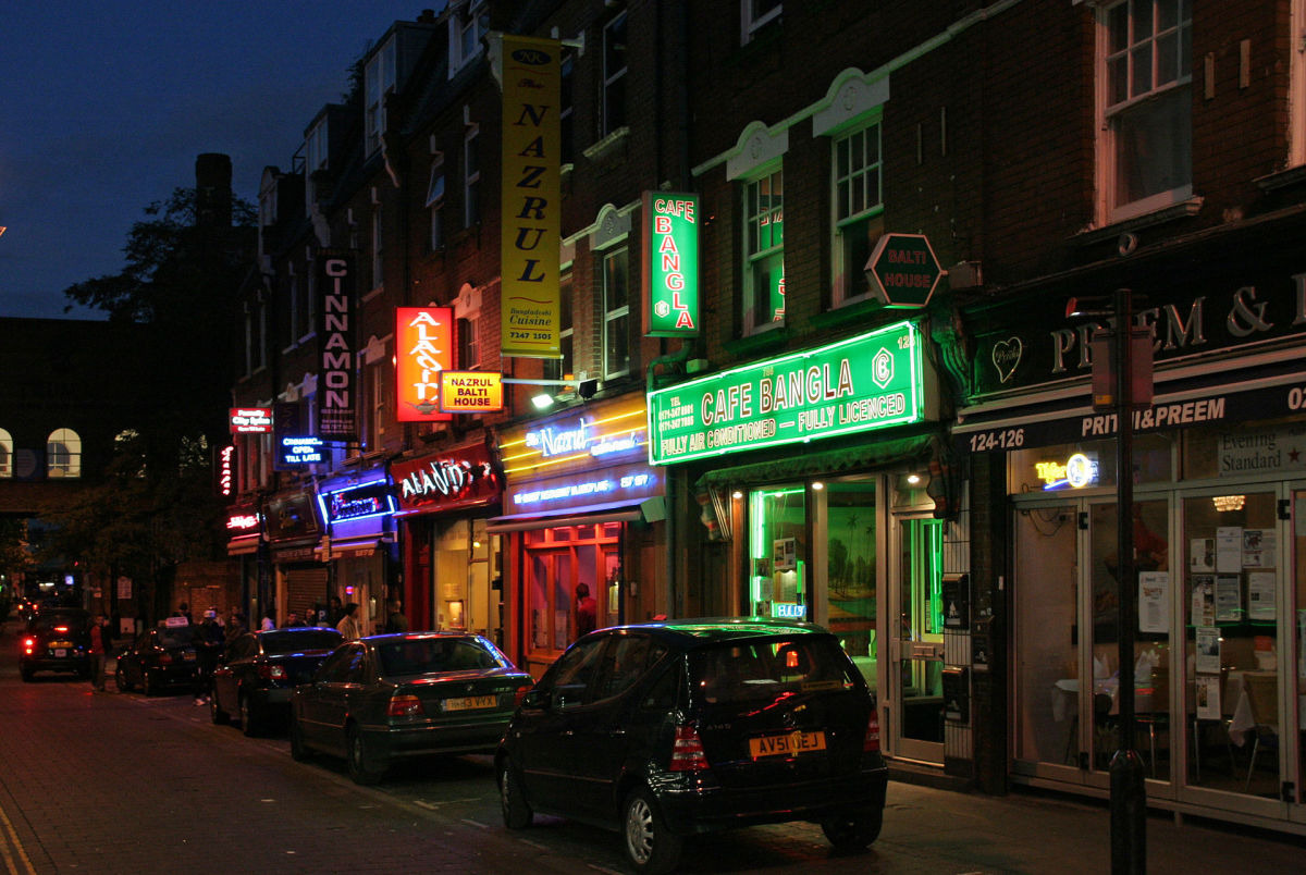 Restaurants on London's Brick Lane, heart of the city's Bangladeshi community. (Photo: ahisgett/Wikimedia Commons)