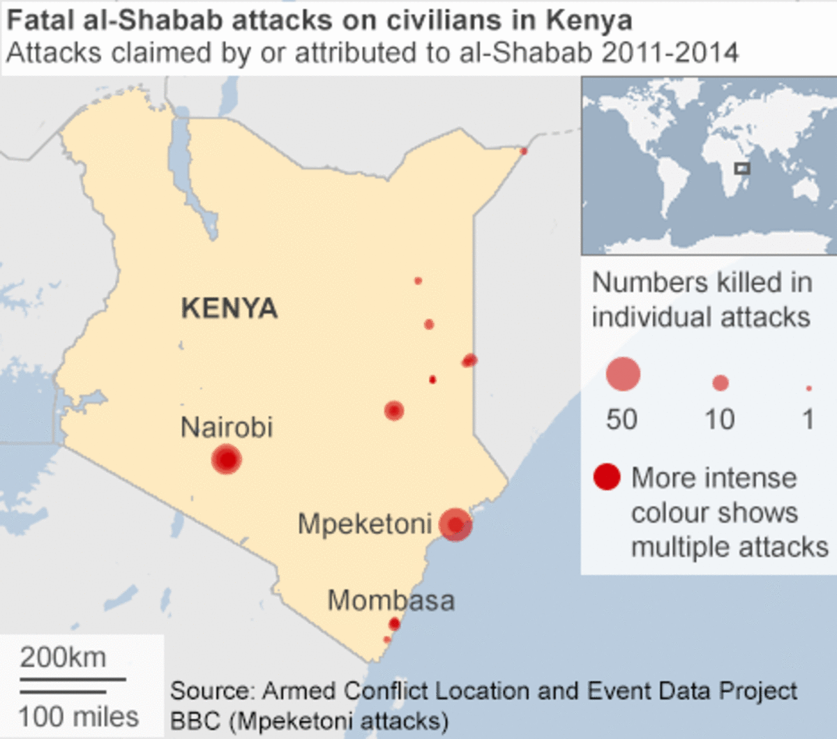 A map of al-Shabab attacks from 2011 to 2014. (Photo: BBC)