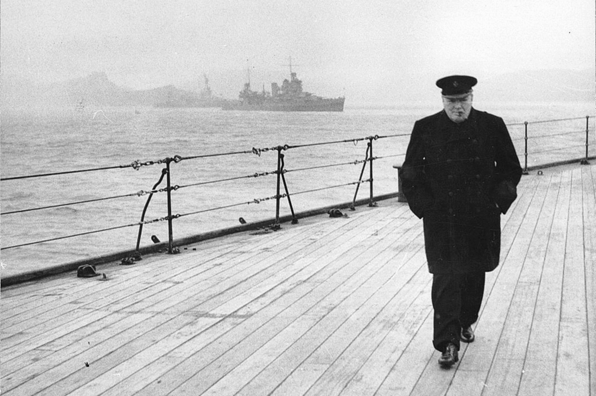 Prime Minister Winston Churchill walking the deck of HMS Prince of Wales during the Atlantic Conference in 1941. (Photo: Library of Congress)