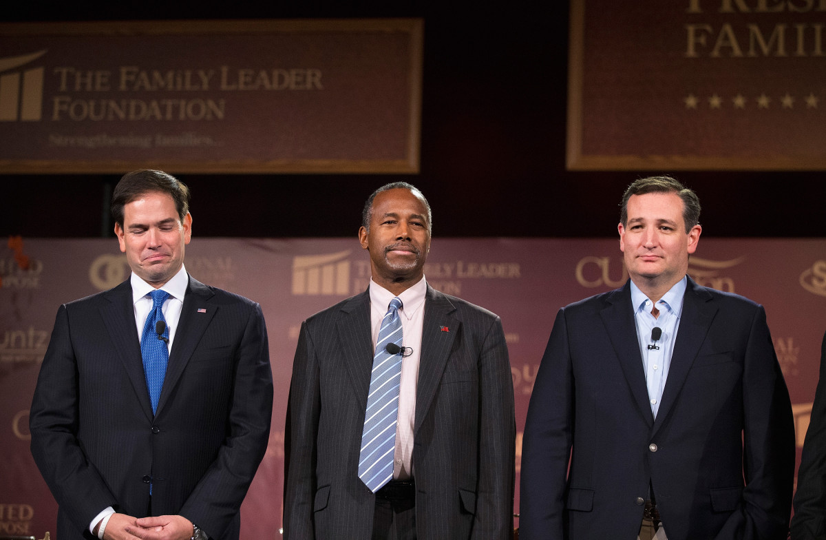 Republican presidential candidates Senator Marco Rubio, Ben Carson, and Senator Ted Cruz are introduced at the Presidential Family Forum on November 20, 2015, in Des Moines, Iowa. (Photo: Scott Olson/Getty Images)