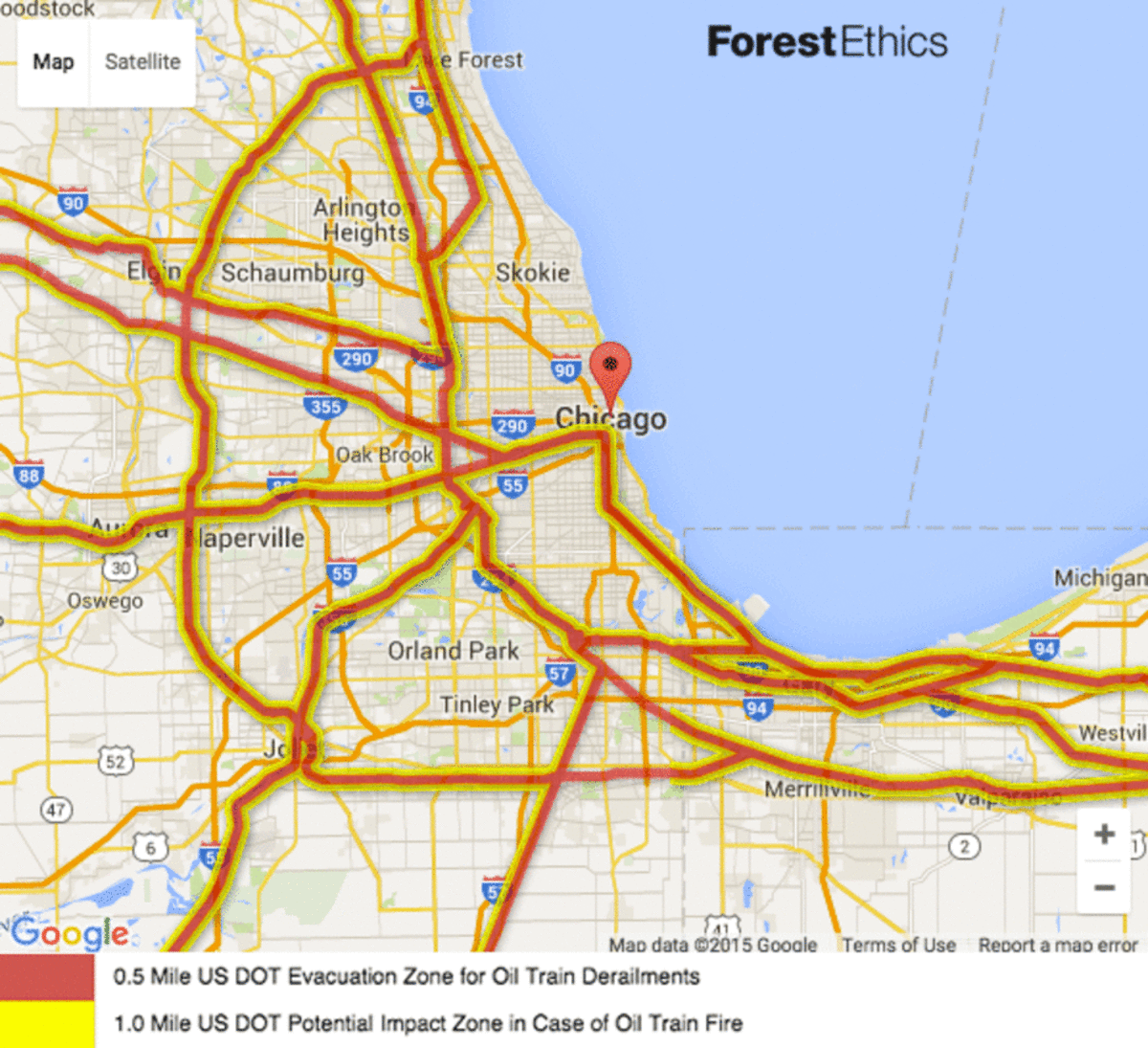 A map of the oil train blast zone near Chicago. (Map: ForestEthics)