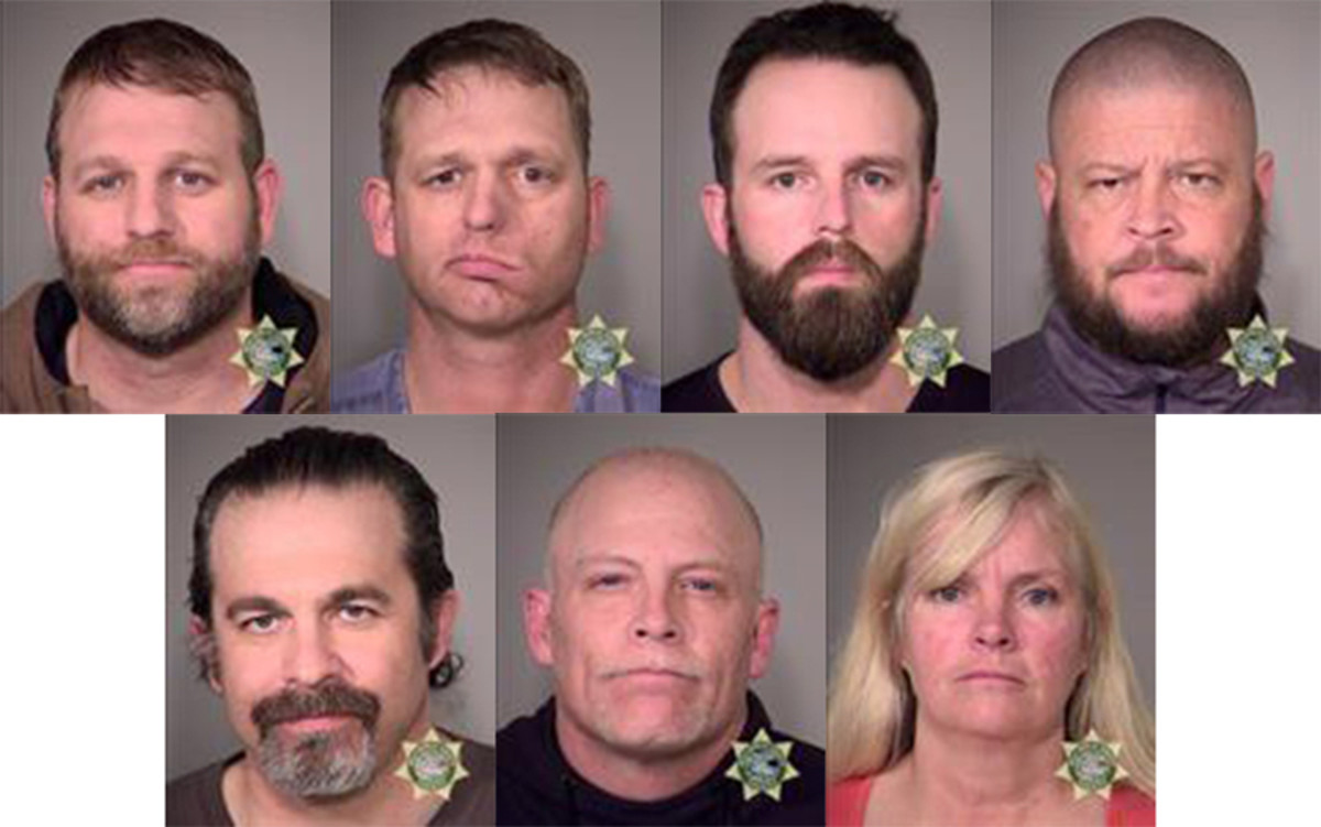 Ammon Bundy, Ryan Bundy, Ryan Waylen Payne, Brian Cavalier, Peter Santilli, Joseph Donald O'Shaughnessy , and Shawna Cox pose for a mugshot photo after being arrested January 26, 2016, in Oregon. (Photo: Multnomah County Sheriff's Office/Getty Images)