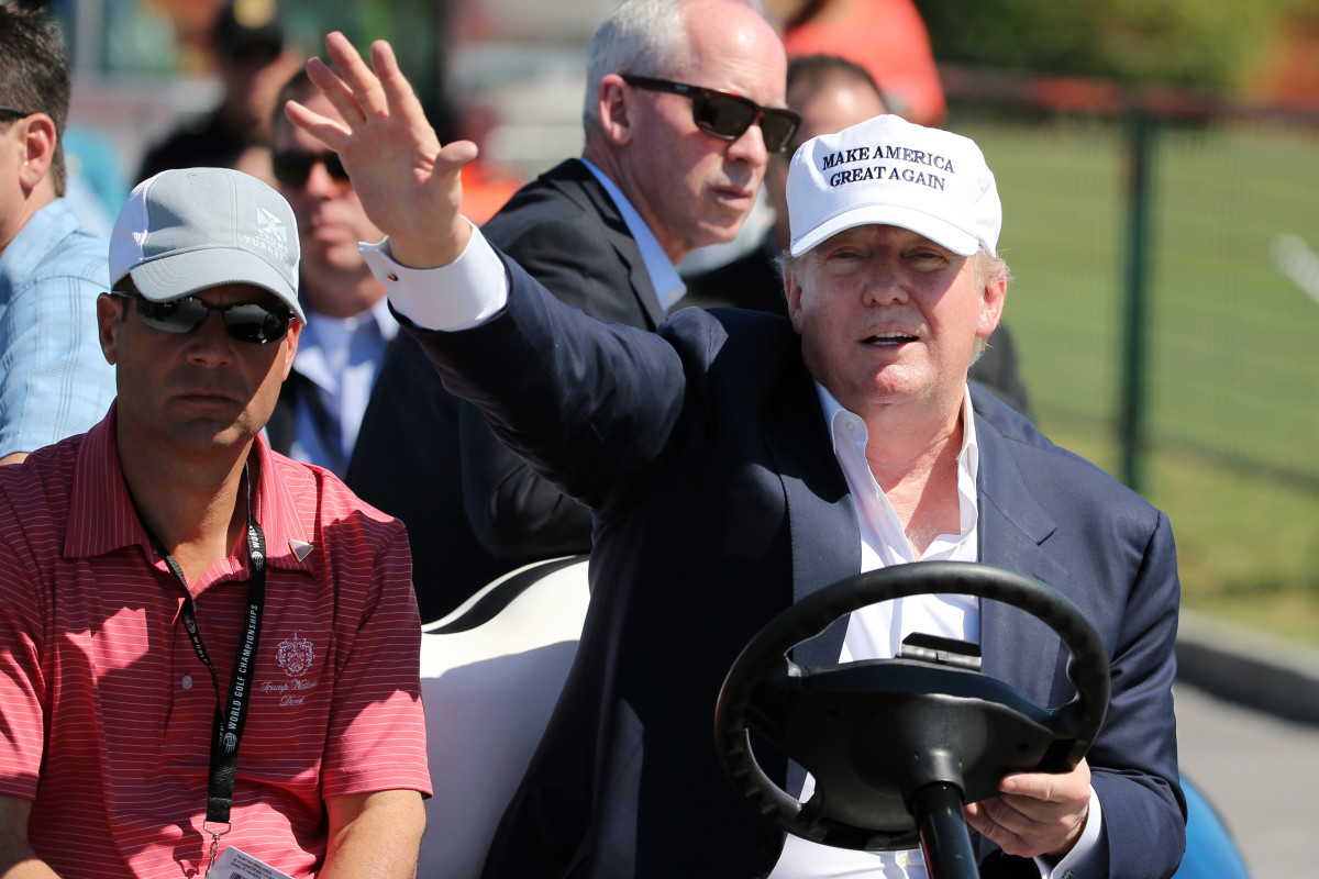 Donald Trump  makes an appearance prior to the start of play during the final round of  the World Golf Championships-Cadillac Championship at Trump National  Doral Blue Monster Course  on March 6, 2016, in Doral, Florida.  (Photo: Mike Ehrmann/Getty Images)