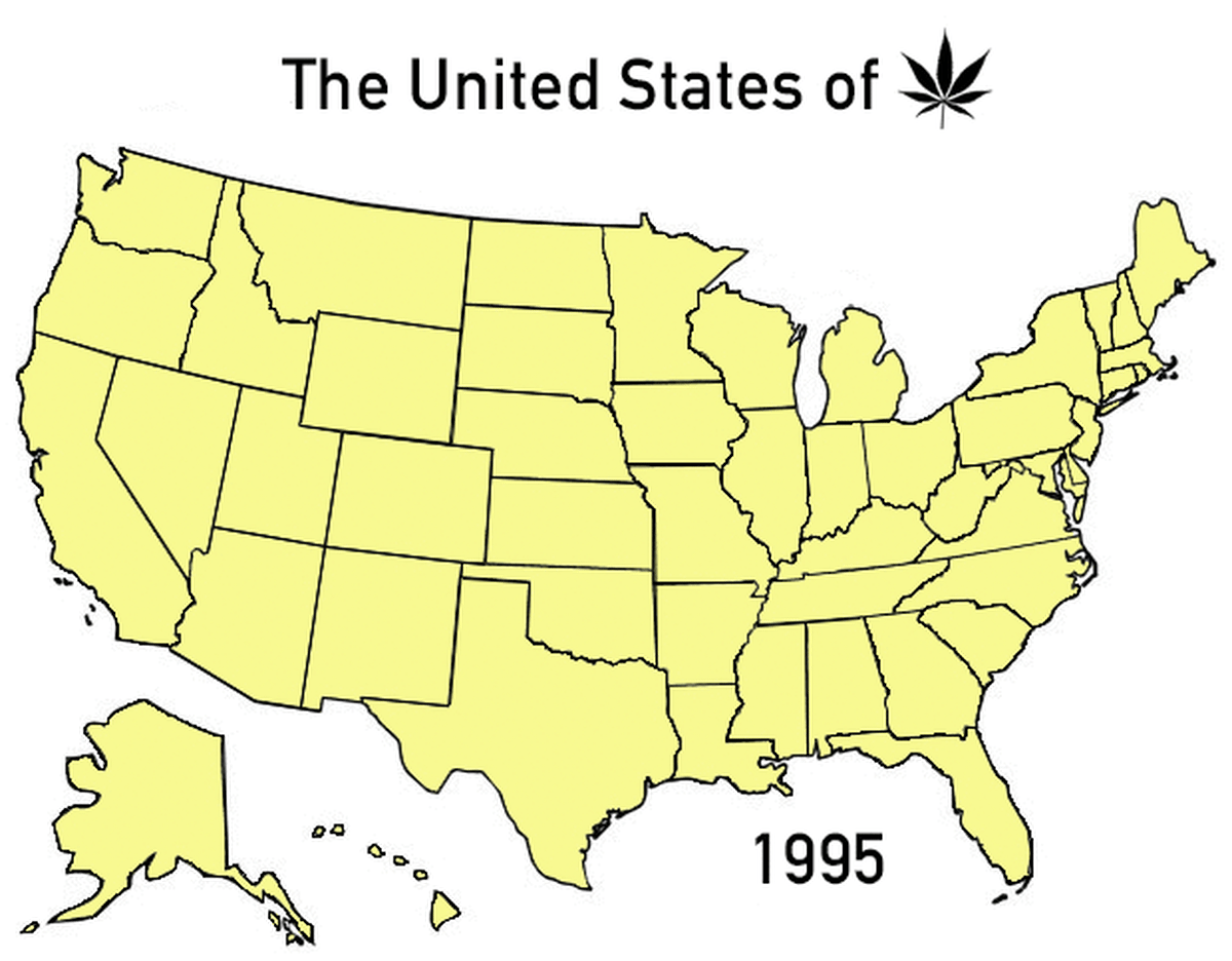 The progression of marijuana legalization across the country. Yellow states have a total ban on the substance, light green states allow oil derived from marijuana for medical treatment, medium green states allow all forms of marijuana for medical treatment, and dark green states have legalized the substance recreationally. (GIF: Allison Shapiro)