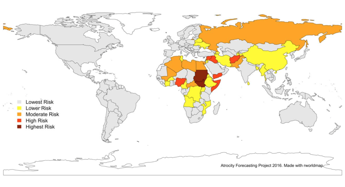 Predicted Genocide/Politicide Risk, 2016–20. (Map :Atrocity Forecasting Project)
