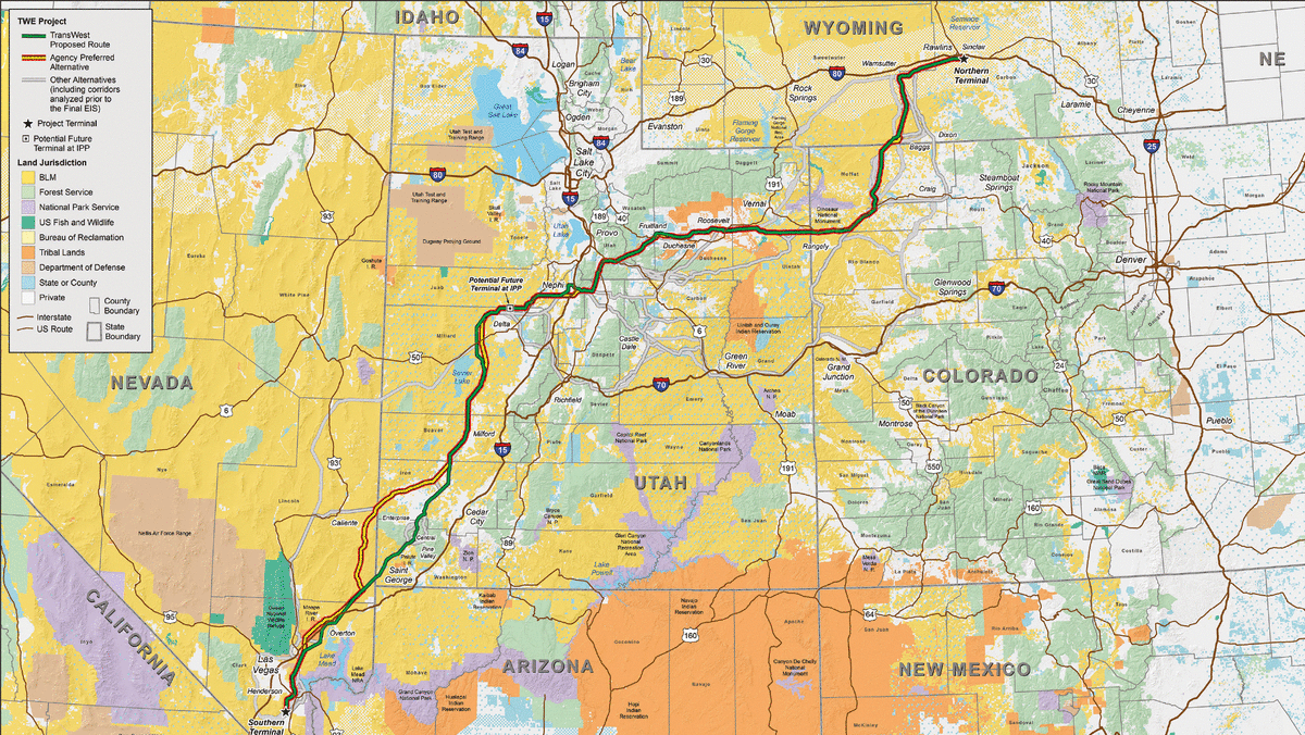 Miller's biggest hurdle involved securing permission to build a power line across 700 miles of Western terrain. One of the last power lines of this magnitude to be built required a presidential decree. (Map: TransWest Express, LLC)