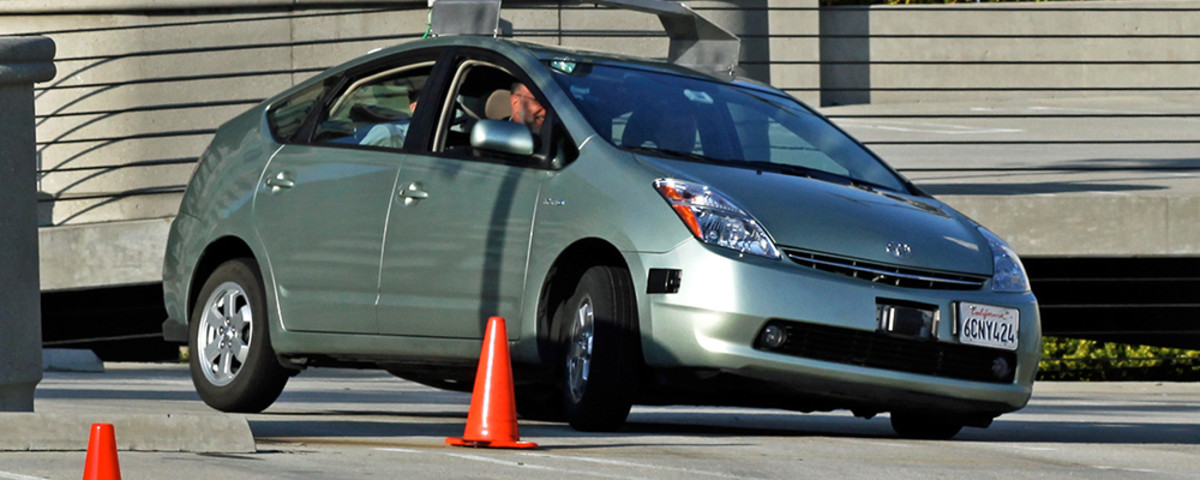 A Toyota Prius modified to operate as a Google driverless car, navigating a test course. (Photo: Steve Jurvetson/Wikimedia Commons)