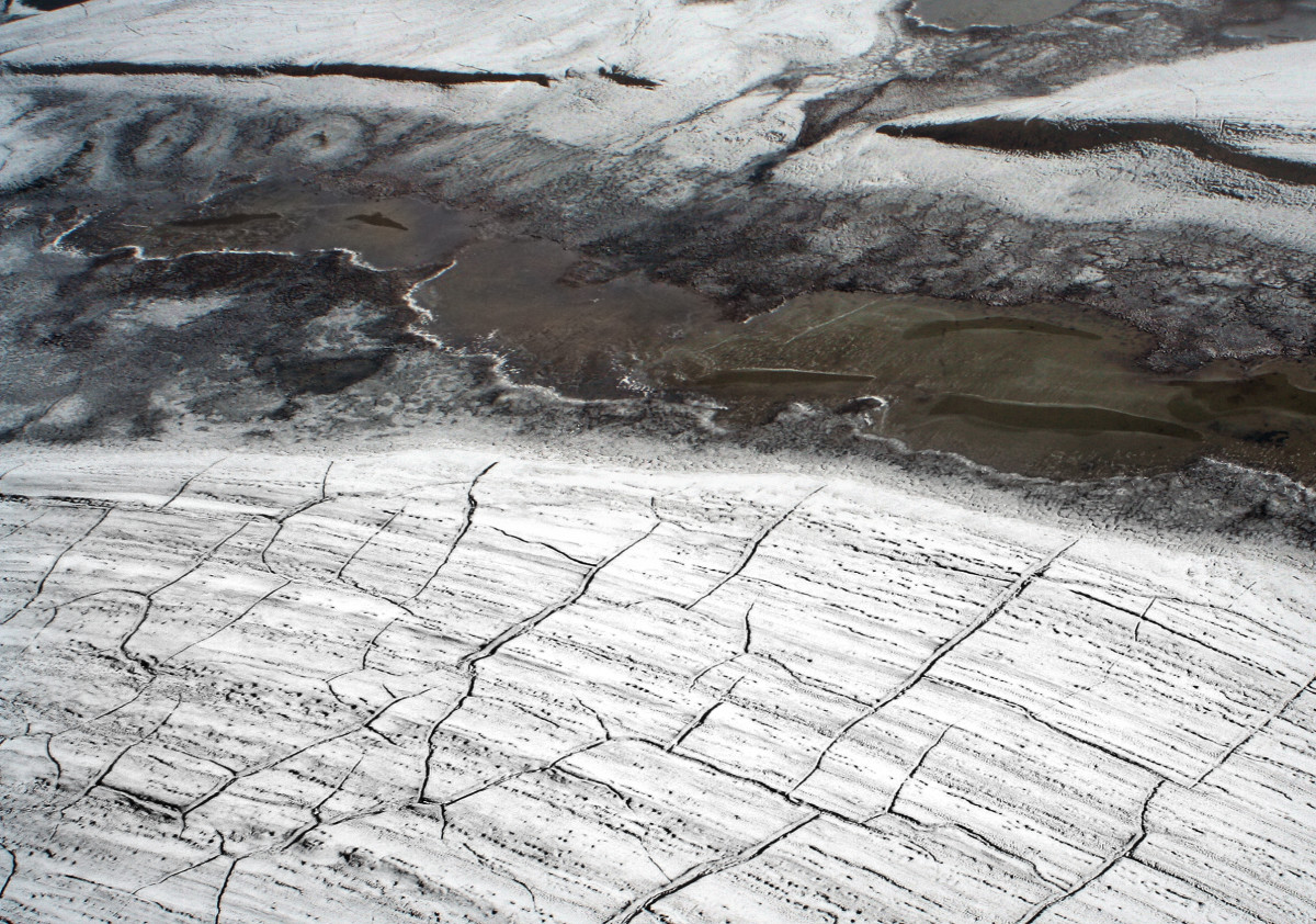 Contraction cracks caused by permafrost on Arctic sediment. (Photo: Brocken Inaglory/Wikimedia Commons)