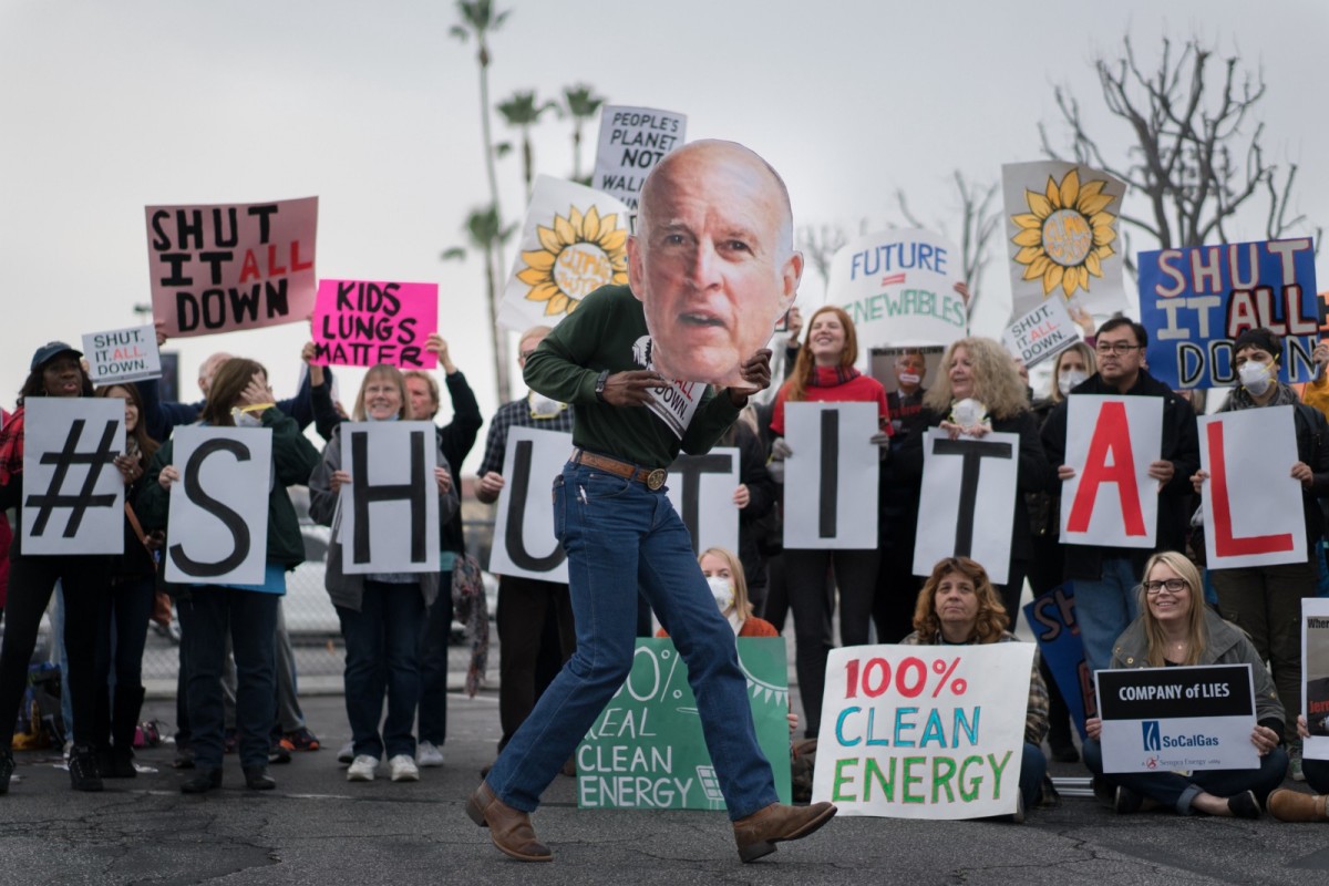 A member of the Sierra Club environmental group dances with a cutout of California Governor Jerry Brown at a Save Porter Ranch rally at Granada Hills Charter School on January 16. Governor Brown has been criticized for responding slowly to the situation, leaving many to speculate that his lack of response was influenced by his sister Kathleen Brown’s position on the board of director’s for the Southern California Gas Company.