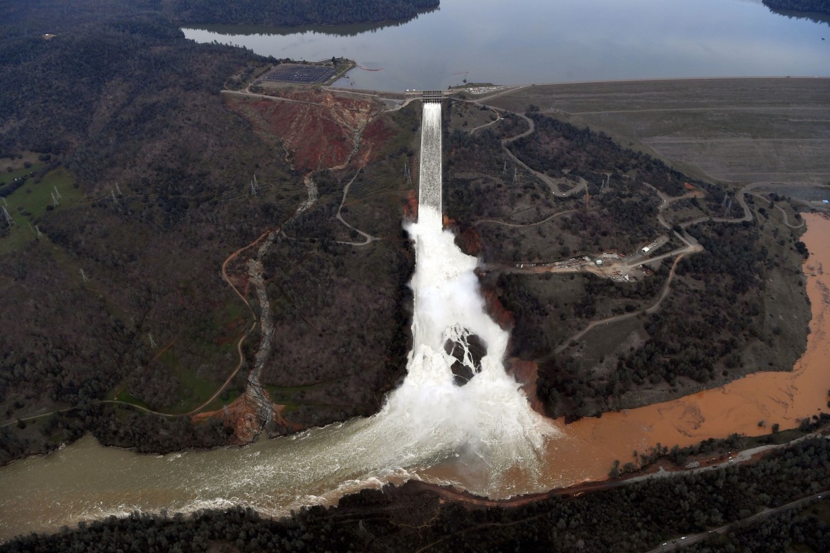 The Oroville Dam spillway releases water down the main spillway in Oroville, California, on February 13th, 2017.