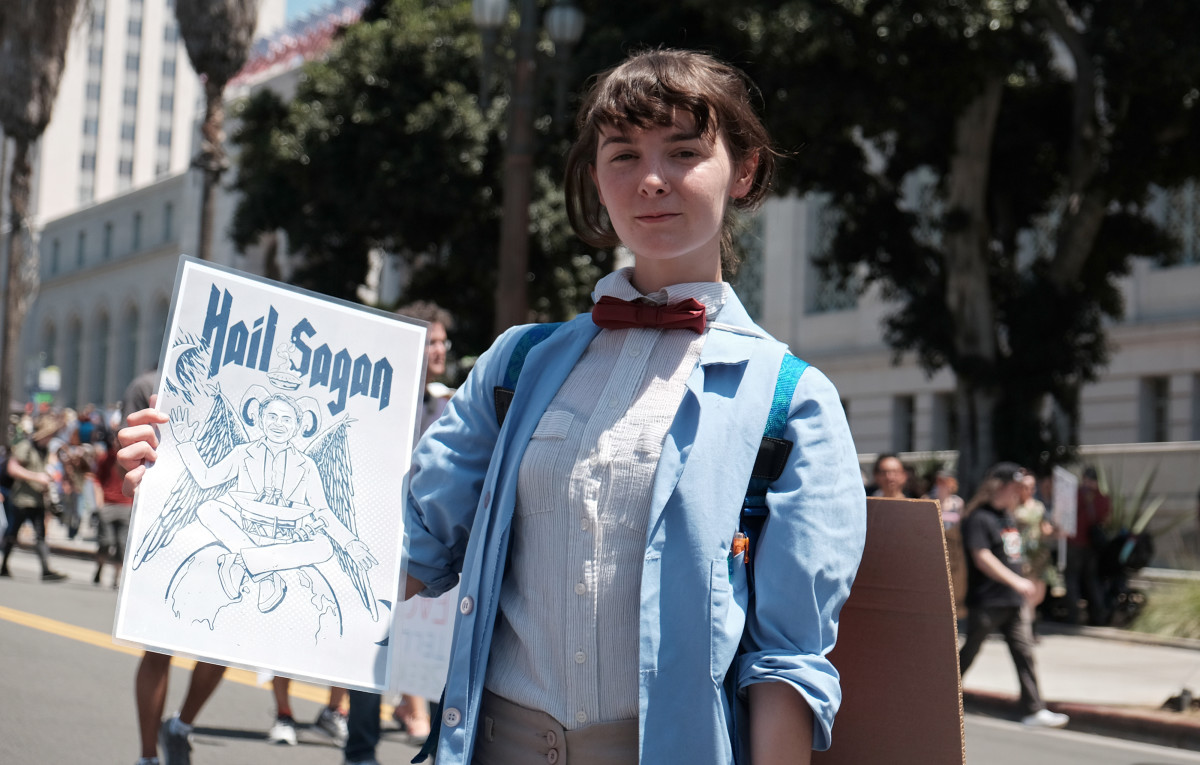 Scientists and supporters participate in a March for Science in front of City Hall on April 22nd, 2017, in Los Angeles, California.
