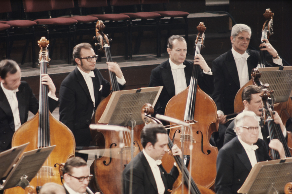 The double bass section of the Vienna Philharmonic Orchestra in performance, circa 1975.