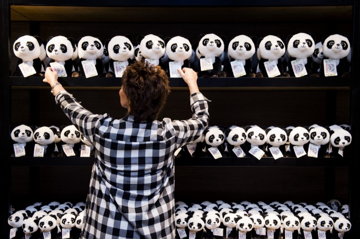 A person arranges stuffed pandas in a shop of the Ouwehands Zoo on April 6th, 2017, prior to the arrival of two pandas from China. (Photo: Piroschka Van De Wouw/AFP/Getty Images)