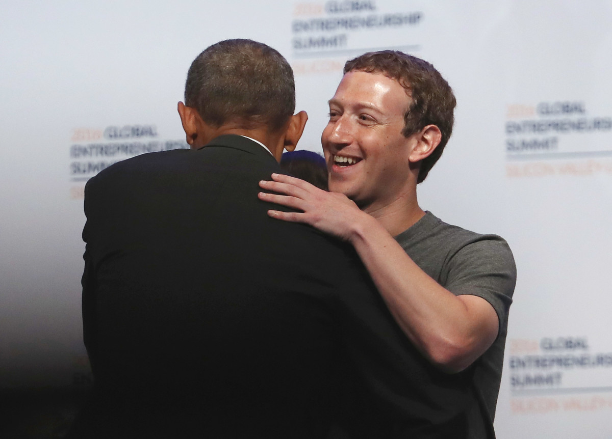 Facebook CEO Mark Zuckerberg hugs President Barack Obama during the 2016 Global Entrepreneurship Summit at Stanford University on June 24th, 2016.