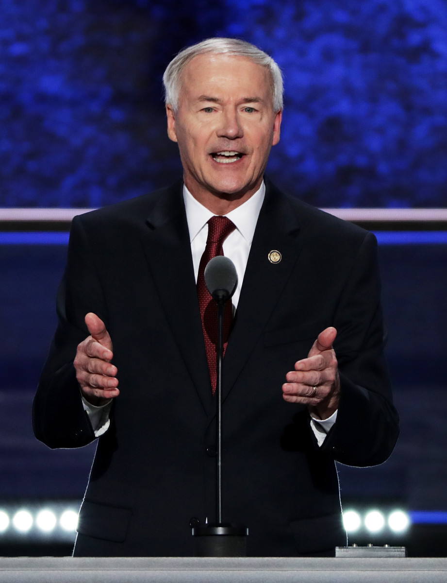 Governor Asa Hutchinson (R-Arkansas) delivers a speech on the second day of the Republican National Convention on July 19th, 2016, at the Quicken Loans Arena in Cleveland, Ohio.