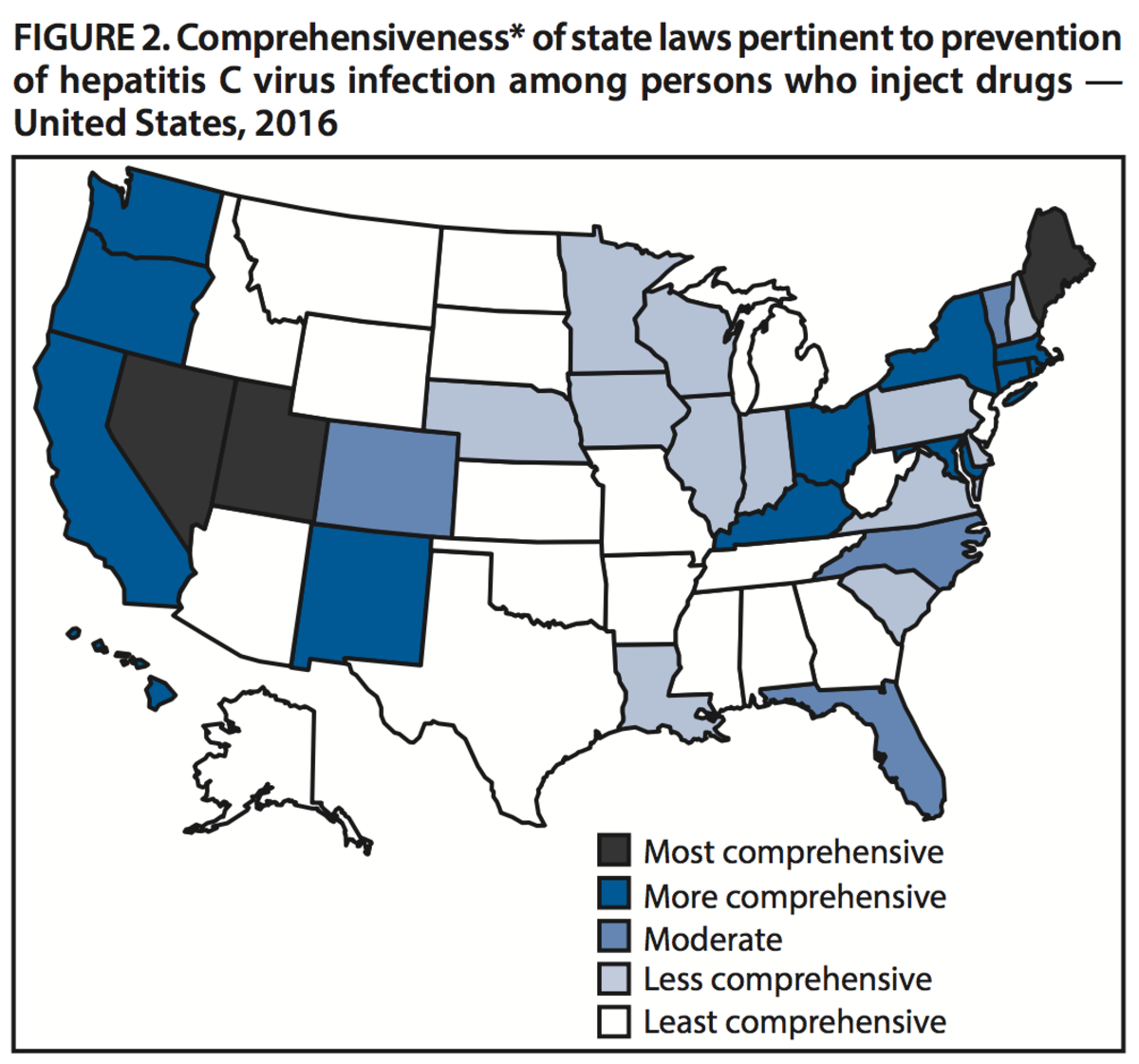 A map of state laws encouraging people to use clean needles when injecting drugs.