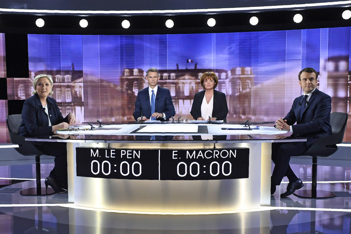 The 2017 French presidential election candidates Marine Le Pen and Emmanuel Macron prior to a live television debate in Paris, France.