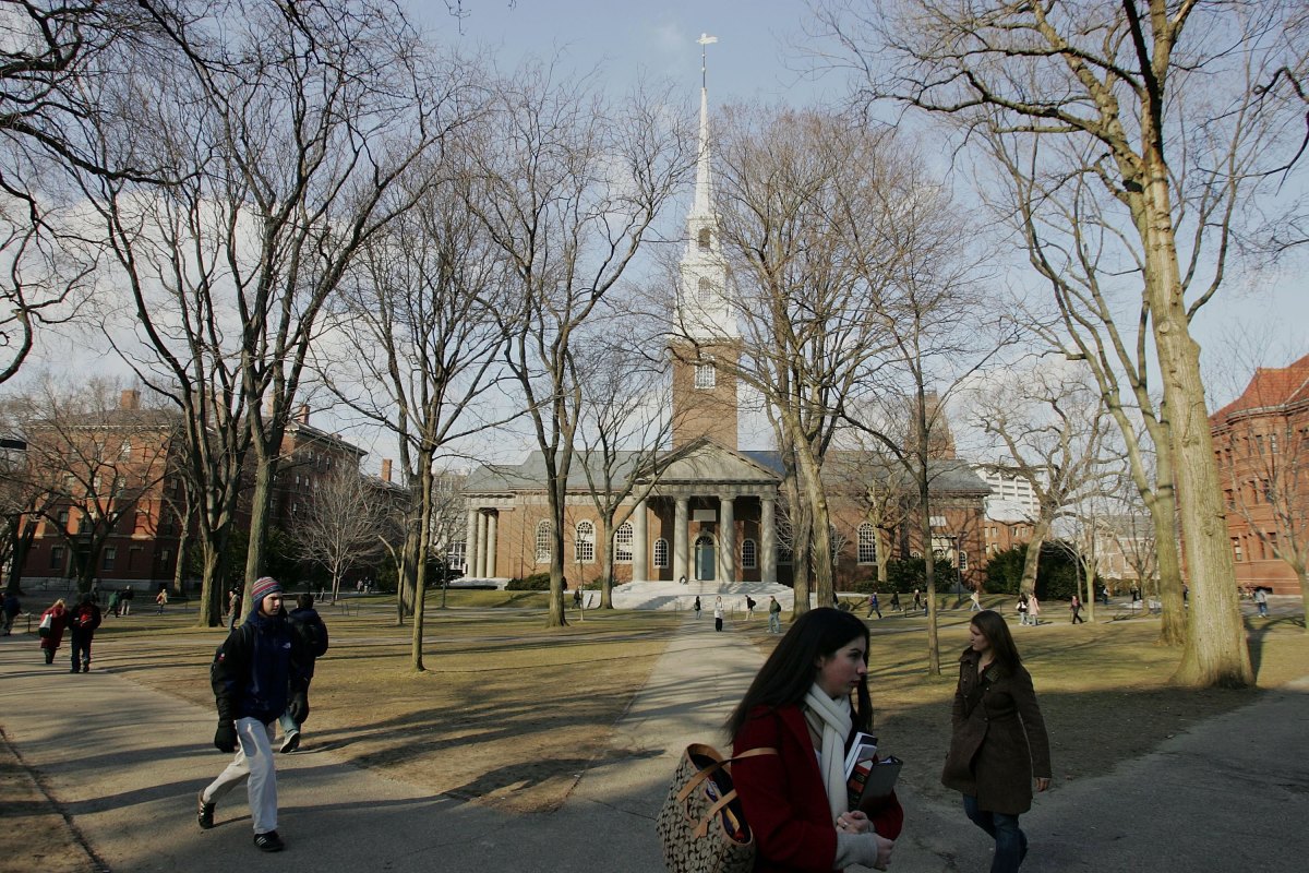 Students walking across the campus at Harvard University.