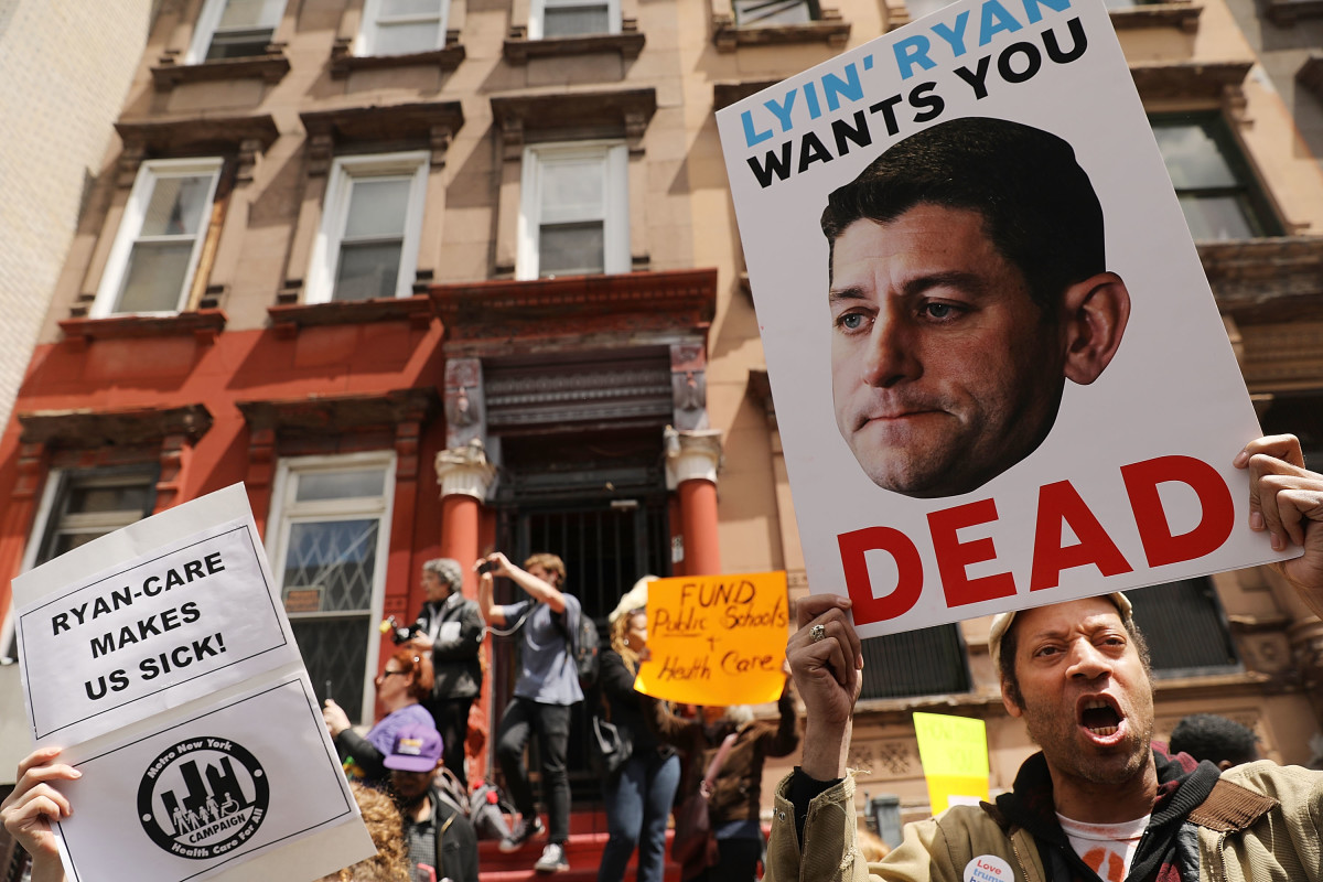 Dozens of health-care activists protest in front of a Harlem charter school before the expected visit of House Speaker Paul Ryan on May 9th, 2017, in New York City.