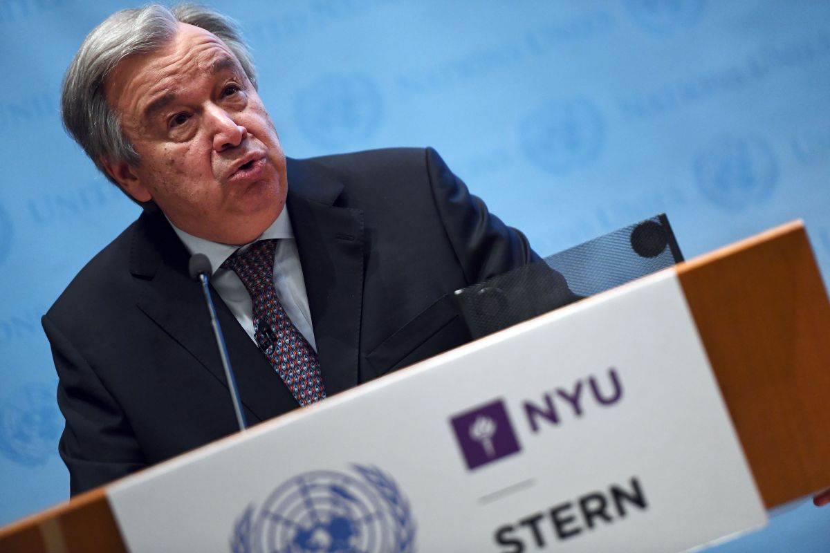 United Nations Secretary-General Antonio Guterres speaks on climate action at the New York University Stern School of Business in New York on May 30th, 2017.