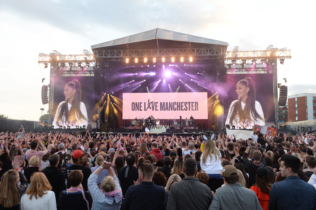 Ariana Grande performs on June 4th, 2017, in Manchester, England, as part of the "One Love Manchester" concert.