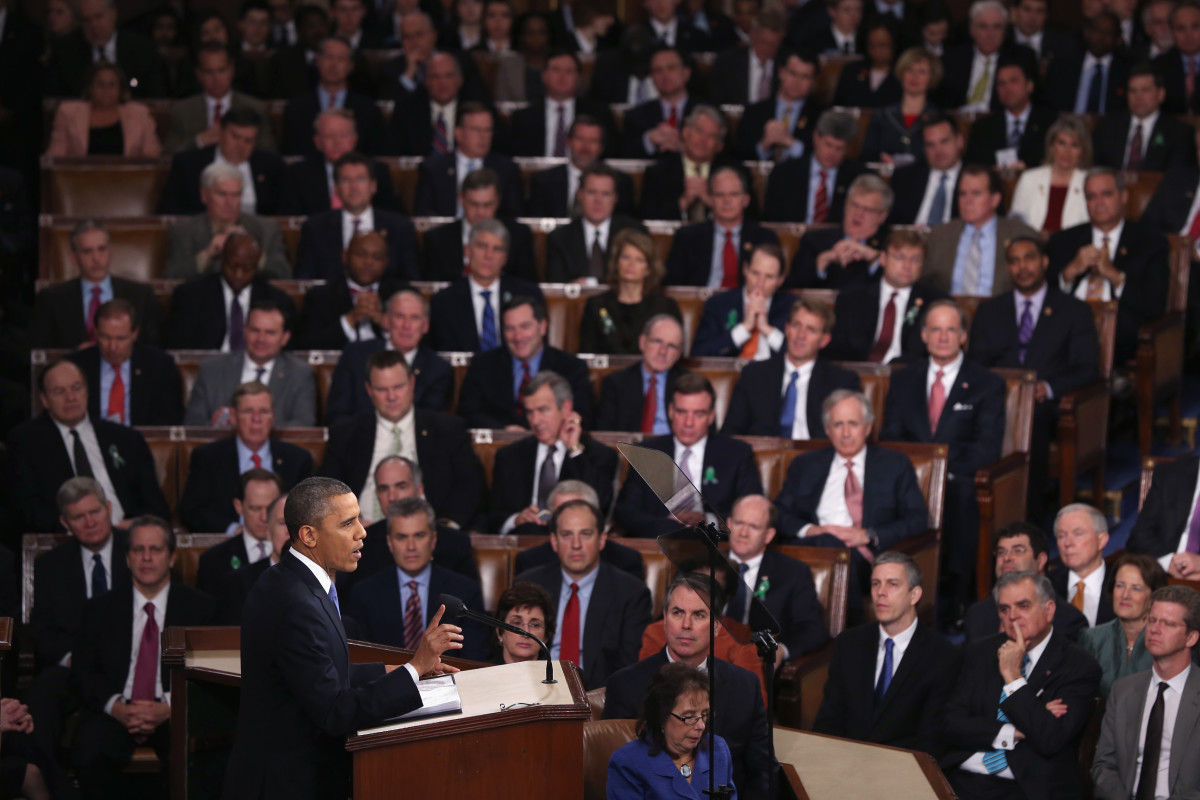 President Barack Obama delivers his State of the Union speech before a joint session of Congress at the United States Capitol on February 12th, 2013, in Washington, D.C. Facing a divided Congress, Obama concentrated his speech on new initiatives designed to stimulate the U.S. economy.