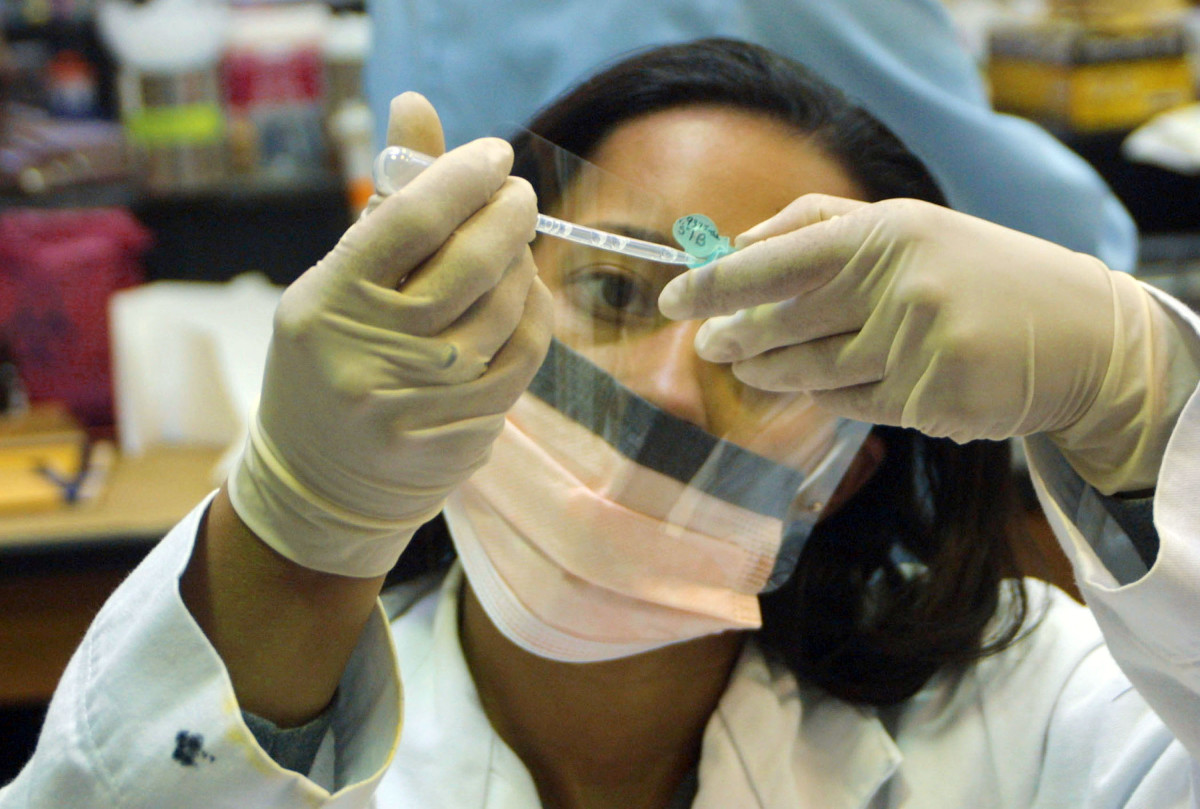 A forensic scientist prepares blood samples for DNA extraction.