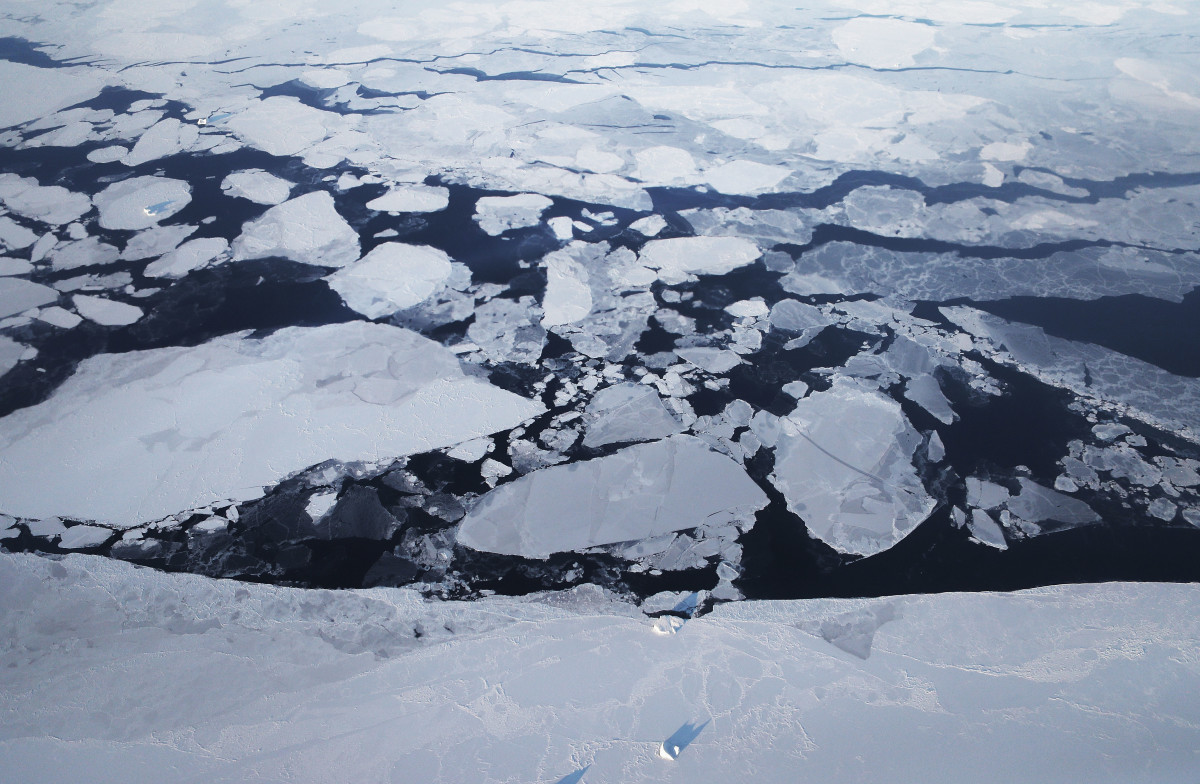 Sea ice is seen from NASA's Operation IceBridge research aircraft off the northwest coast above Greenland.