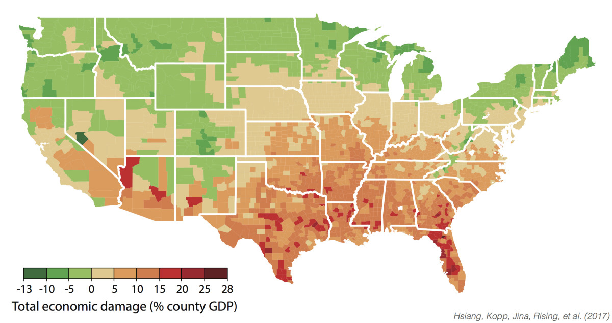Map showing GDP change from climate change in 2080 to 2099.