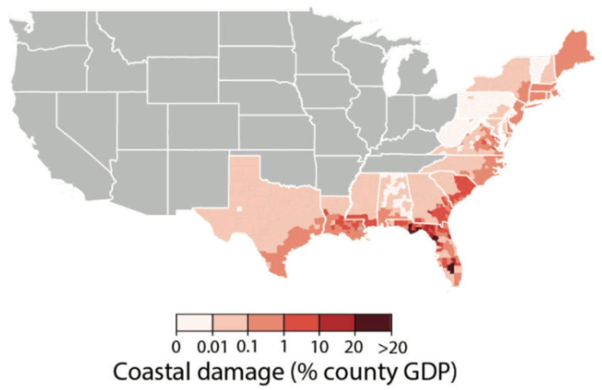 Map showing expected coastal damage in the United States in the years 2080 to 2099.