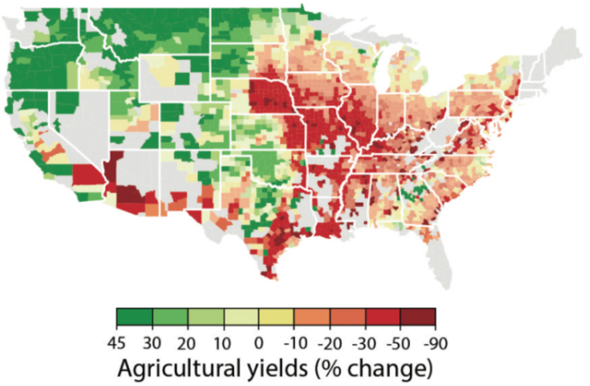 Map showing expected crop yields in the United States in the years 2080 to 2099.