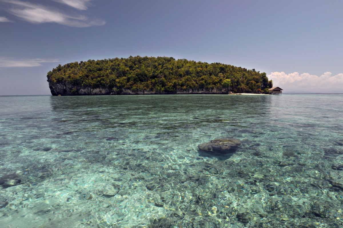 The small island of Koh, surrounded by coral reef in Raja Ampat, located in eastern Indonesia's Papua region.