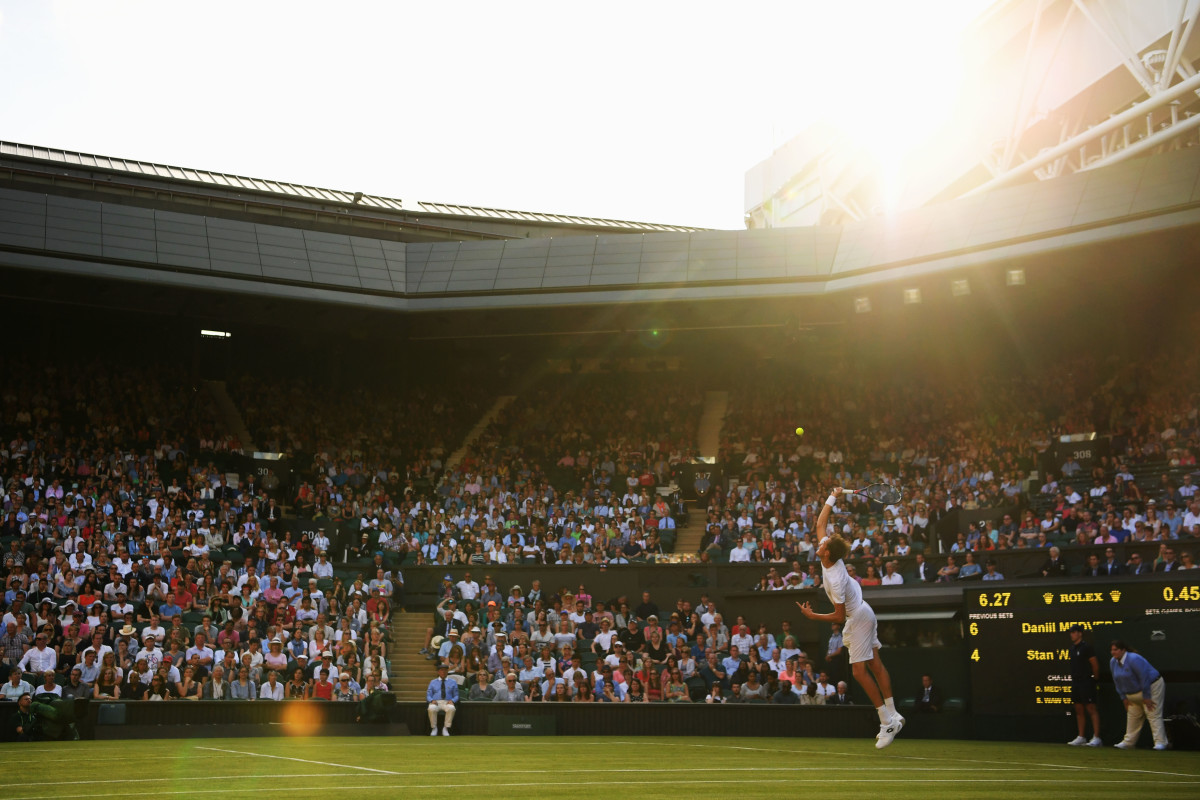 Danil Medvedev of Russia serves during the Gentlemen's Singles first round match against Stan Wawrinka of Switzerland on day one of the Wimbledon Lawn Tennis Championships at the All England Lawn Tennis and Croquet Club on July 3rd, 2017, in London, England.