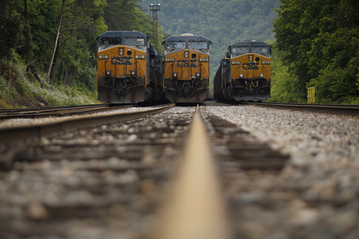 Transportation coal trains sit in a rail yard.