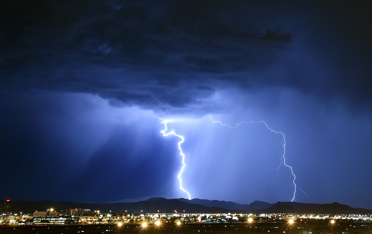 Lightning strikes during a thunderstorm in Las Vegas, Nevada.