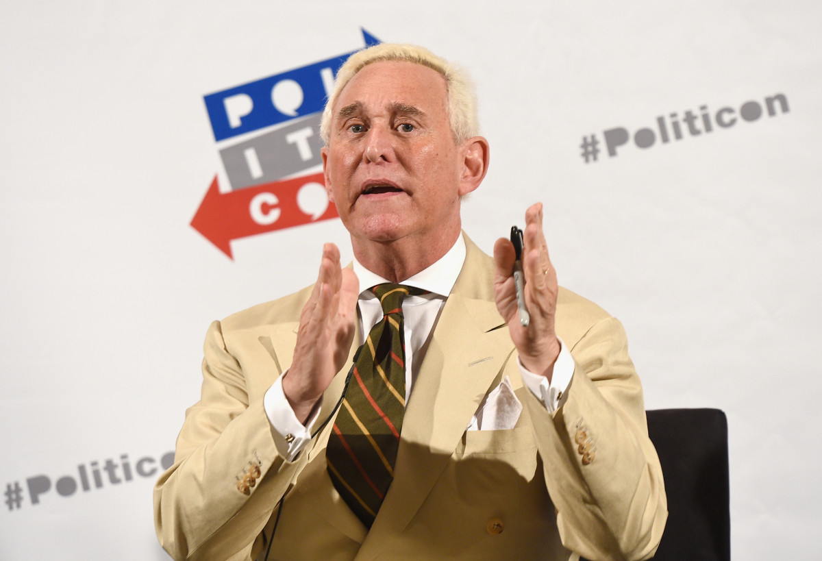 Roger Stone speaks during Politicon on July 29th, 2017, in Pasadena, California.