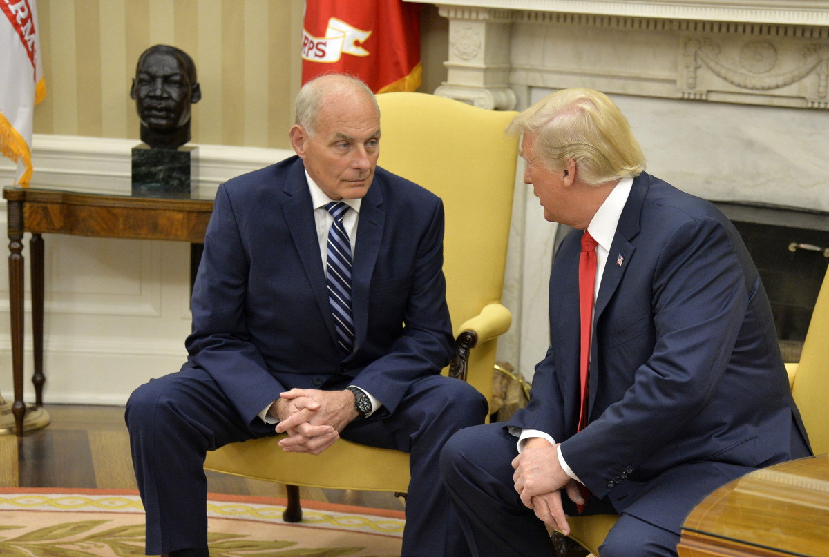 President Donald Trump speaks to Chief of Staff John Kelly after he was sworn in on July 31st, 2017.