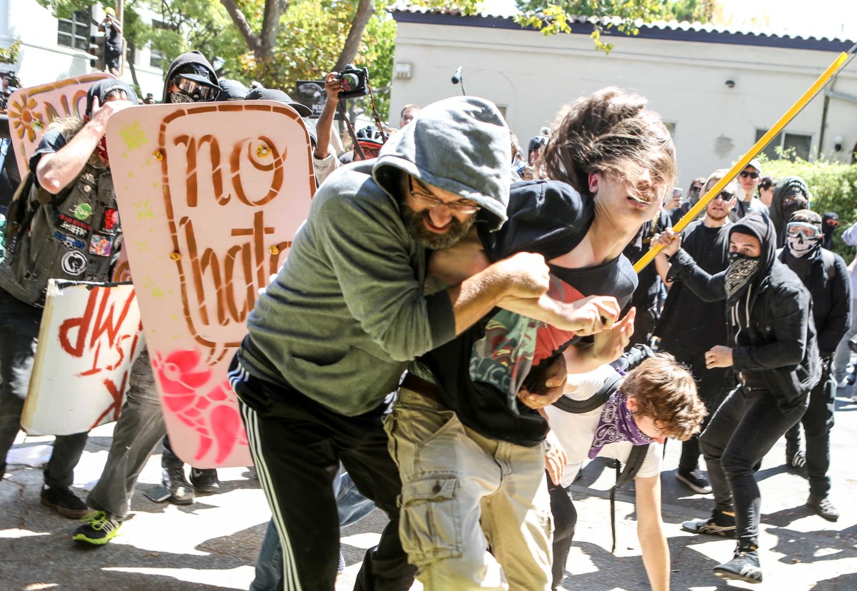 No-to-Marxism rally members and counter-protesters clash on August 27th, 2017, at Martin Luther King Jr. Civic Center Park in Berkeley, California.