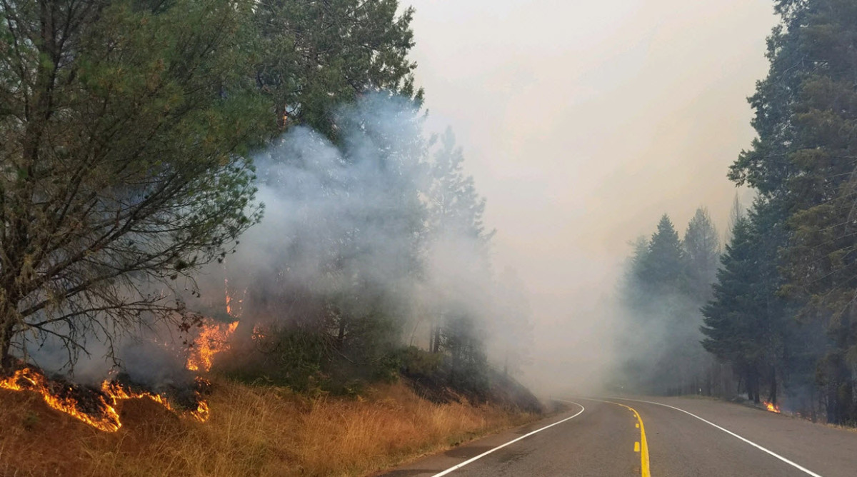 The fire burns near Oregon 138, east of Glide in a closed section of the highway, on September 7th, 2017.