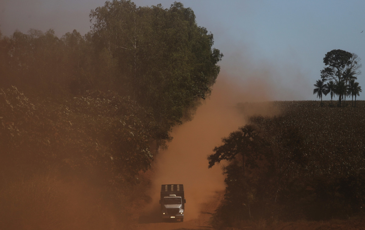 A truck travels in a deforested section of the Amazon rainforest on June 28th, 2017.