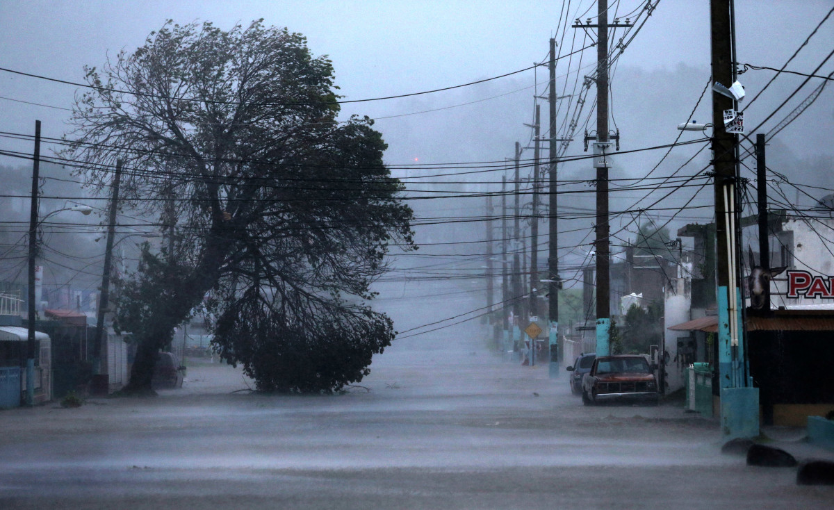 A street is flooded during the passing of Hurricane Irma on September 6th, 2017, in Fajardo, Puerto Rico.
