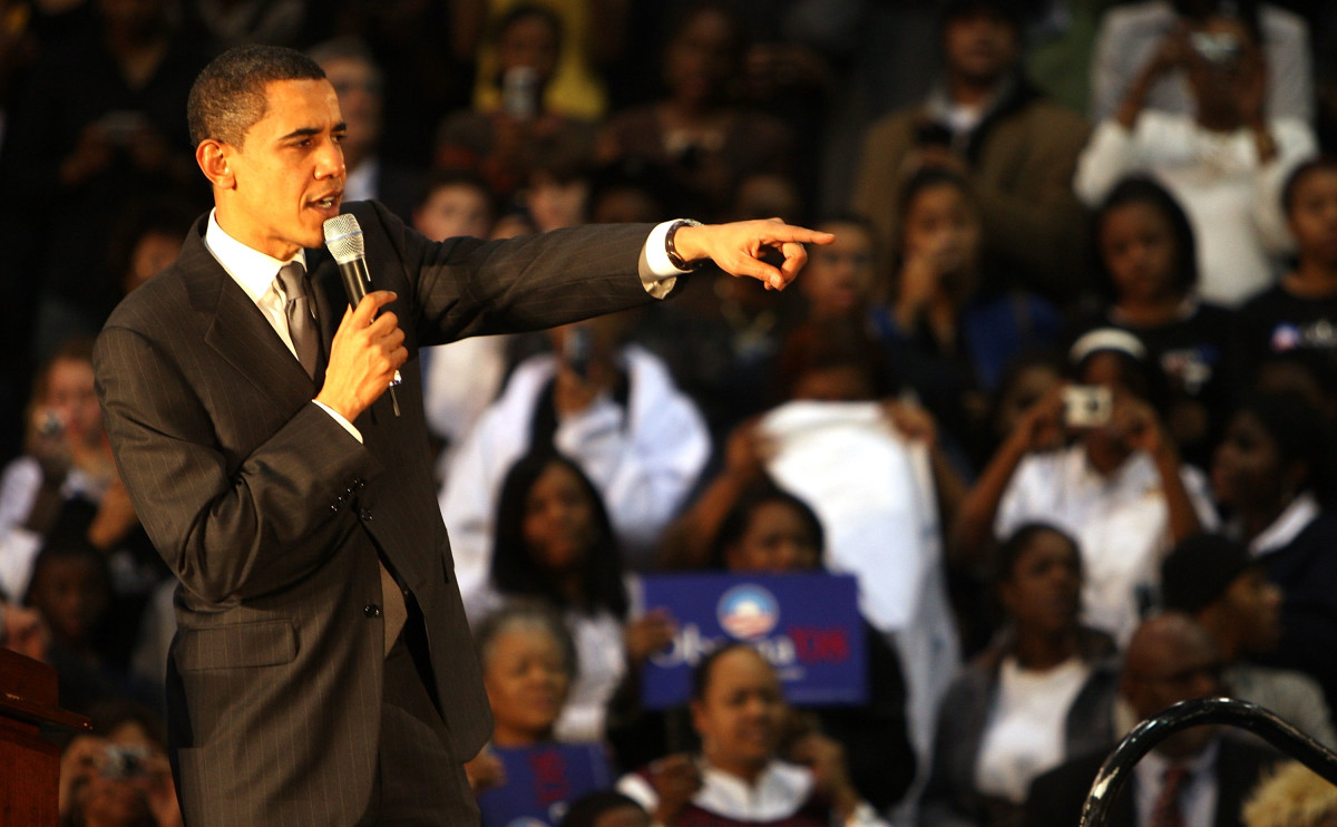 Then-Senator Barack Obama addresses an audience in Jersey City, New Jersey, on January 9th, 2008.